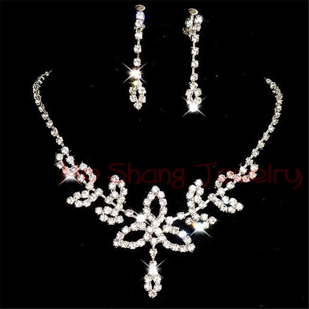 Rhinestone Crystal Silver Color Choker Necklace &amp; Earrings for Women Rhinestone Statement Bridal Wedding Jewelry Sets