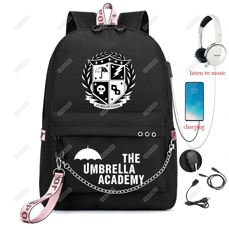 The Umbrella academy USB Backpack Women Men Teenager School Bag Women USB Travel Rucksack Large Mochila Escolar With Chain: as pictures