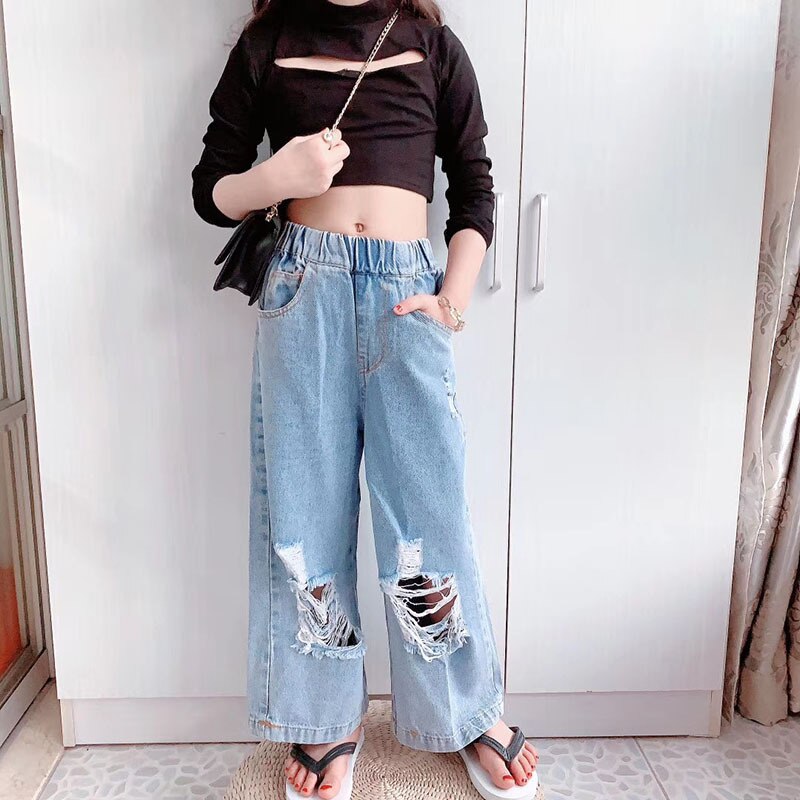 light blue ripped holes baby girl jeans pants denim straight trousers capris distressed hollow out toddler kids 3 to 12 yrs: 3T (100cm)
