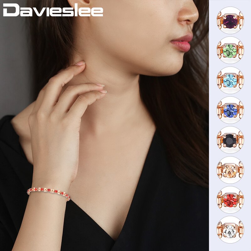 Davieslee-pulsera de oro rosa 585 para mujer, joyería cuadrada Bismark, varios colores, piedra CZ, , 5,5mm, LGBM101