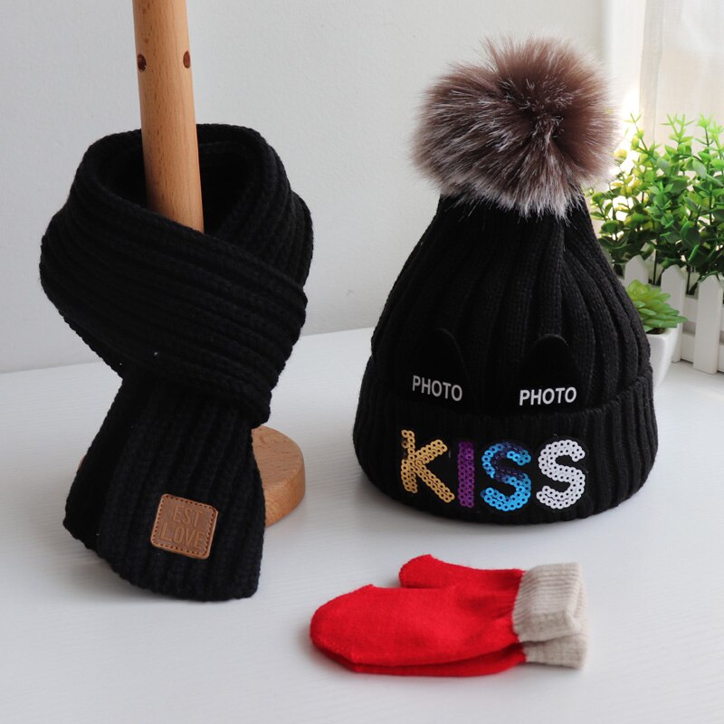 Conjunto de tres piezas de guantes para sombrero y bufanda para niños y niñas, en otoño e invierno, precioso gorro de lana tejido y bufandas cálidas