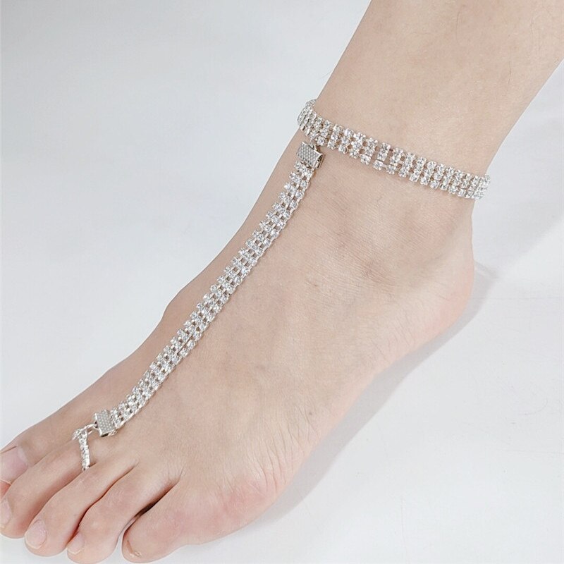 Zomer Strand Vrouwen Drie Rijen Strass Voet Armband Enkelbanden Ankle Chain Set Voor Weven Armbanden Sieraden