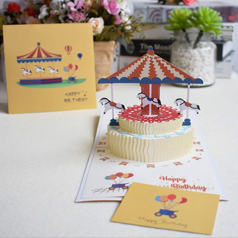 3D Pop-Up Cards Birthday Card For Girl Kids Wife Husband Birthday Cake Unicorn Bear Merry-go-round Greeting Card: Merry-go-round