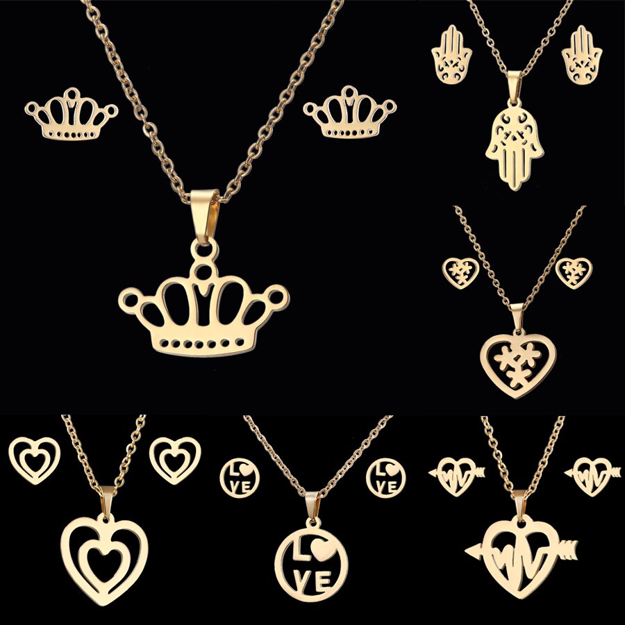 Rinhoo Goud Kleur Rvs Sets Voor Vrouwen Hart Kroon Liefde Cross Sterren Maan Ketting Oorbellen Set Bruid Bruiloft Sieraden