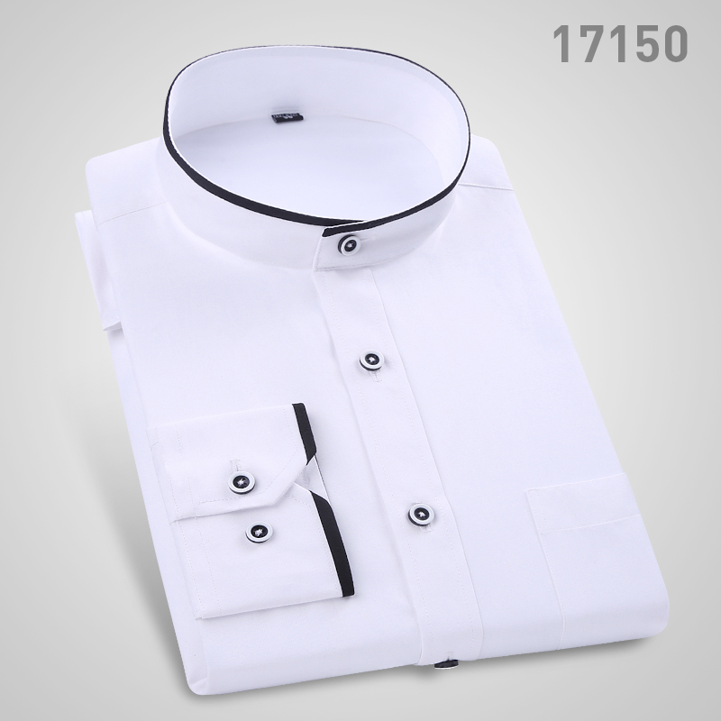 Chemise à col montant pour hommes, classique, col rond, coupe slim, col vertical, manches longues, chemise blanche: M / WHITE