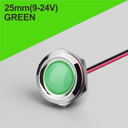 Lanboo 25mm rød grønn gul bule 12v 24v 110v 250v ledet metall indikator lampe indikatorlampe enkelt lampe vanntett: 25mm- grønne (9-24v)