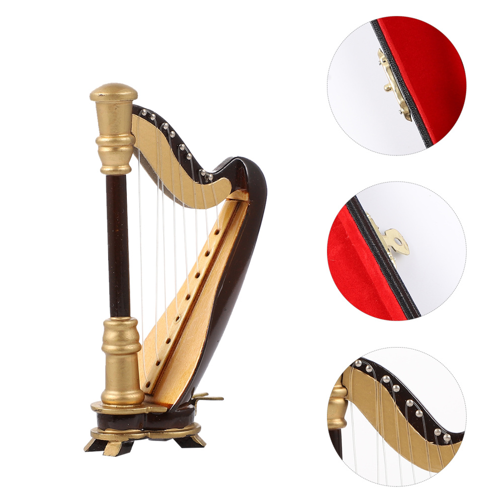 Wooden Miniature Harp with Case Mini Musical Instrument Miniature Ornament: Default Title
