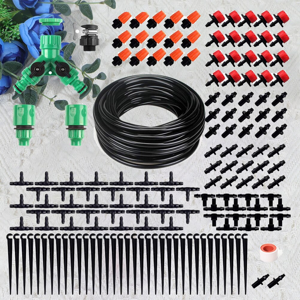 1 Set of 40M DIY Micro Drip Irrigation System Plant Self Watering Cooling Device Garden Hose Kit - Timer: Black Set 1