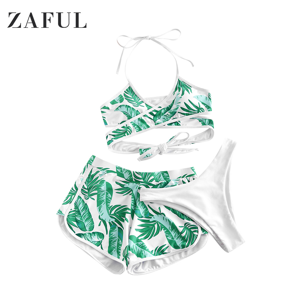 Zaful Leaf Print Halter Drie Stuk Bikini Set: S