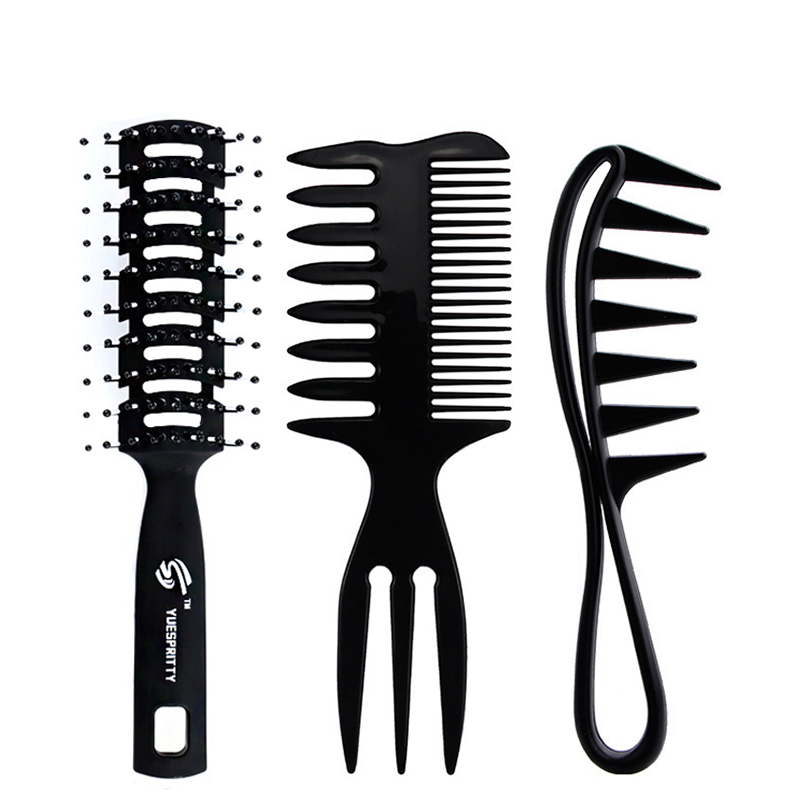 Barbería para hombres, juego de peine para el cabello, horquilla de diente ancho, cabeza de aceite Vintage, color negro: Set 3