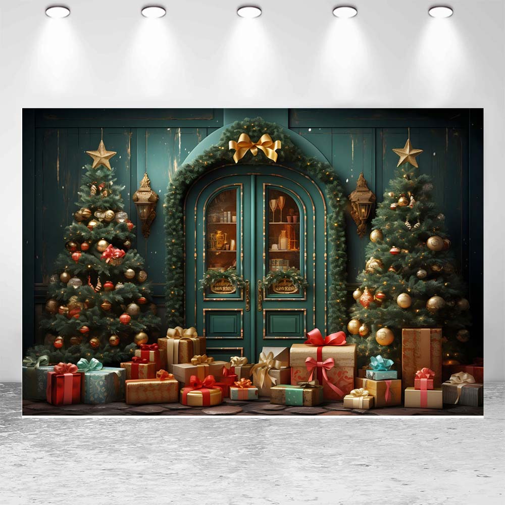 Mocsicka sfondo di natale porta da parete verde albero di natale campana d'oro regali ritratto di famiglia fotografia sfondi puntelli per Studio fotografico
