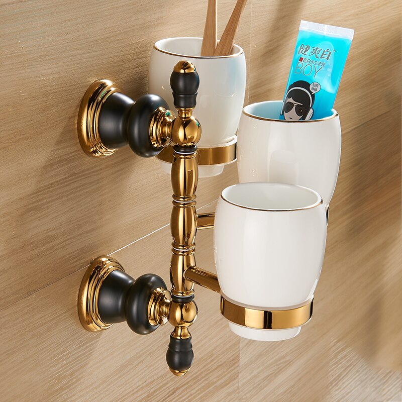 Portavasos de porcelana ajustable para baño, soporte de lujo de oro para tres tazas, para cepillo de dientes, montado en la pared, XL66836