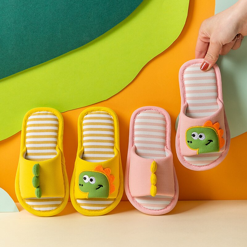 Printemps automne enfants pantoufles pour garçons filles fond souple anti-dérapant intérieur maison chaussures enfants dinosaure respirant lin pantoufles