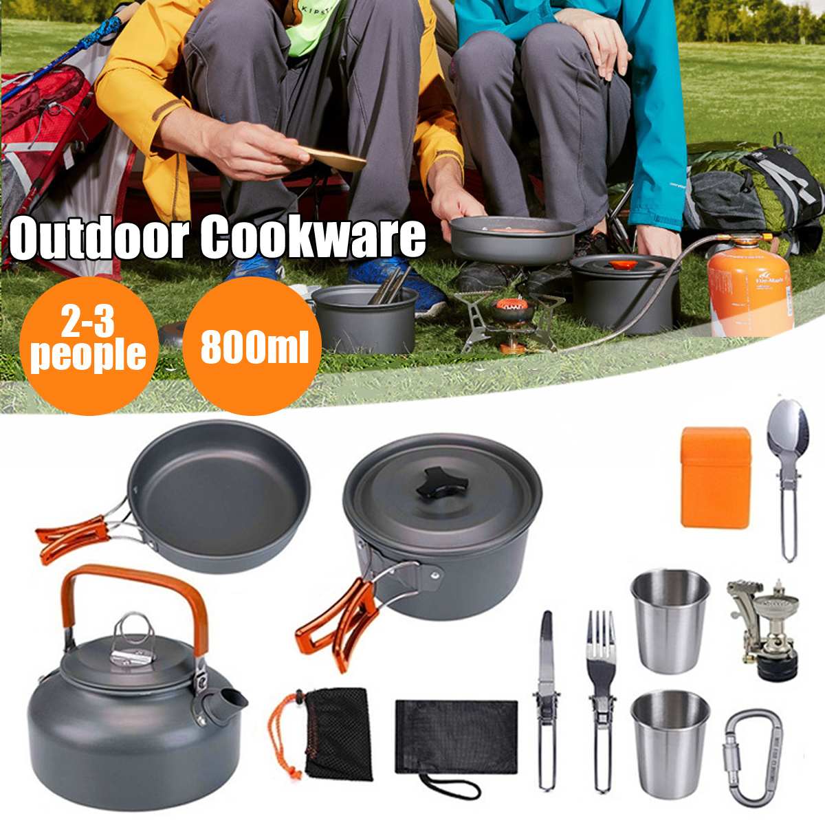 Outdoor Camping Cookware Tableware Picnic Cooking Pan Fry Pan Kettle Teapot Foldable Fork Spoon Kit Hiking Camping Picnic Tools