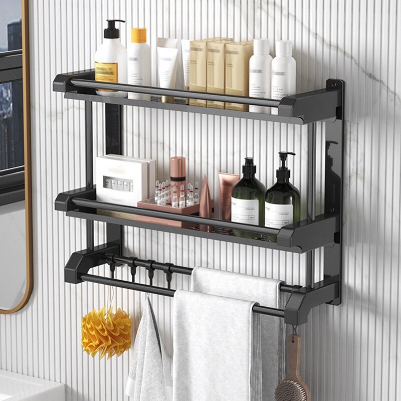 Bathroom Shelf Organizer - 2 Tier Storage Shelf With Adjustable Hook Wall Mounted Shelf Rack, Use For Bathroom