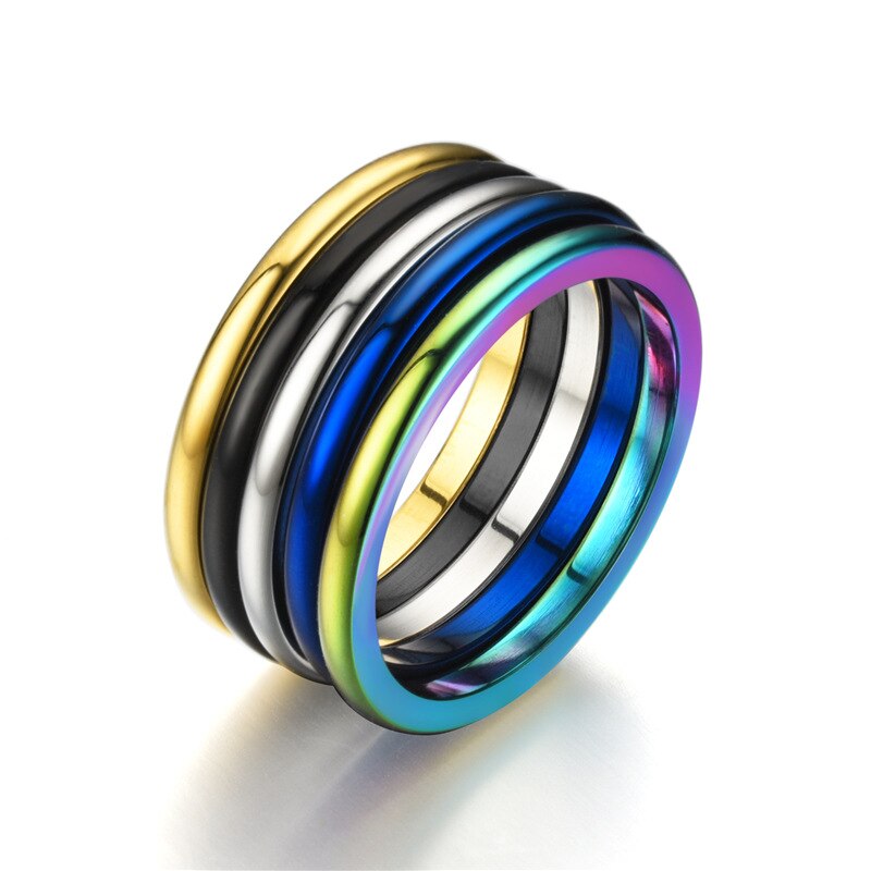 Mode 2mm Kleurrijke Regenboog Ring Rvs Ring Mannen Vrouwen Wedding Band Heren Dames Paar Ringen Sieraden Accessoires