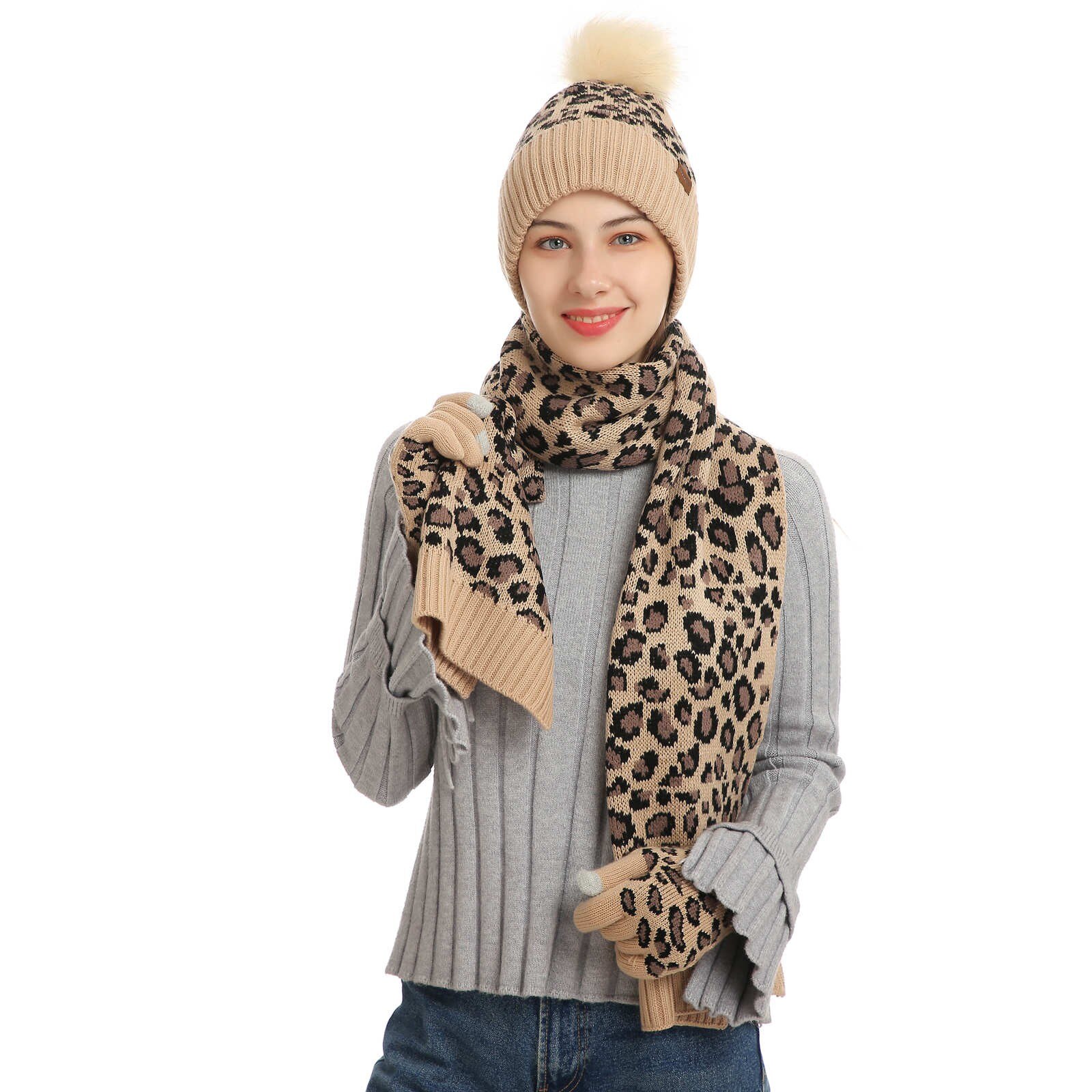 Leopard Warm Beanies Hat For Girl Ring Scarf Winter Hats Female Knitted Caps Scarf 3 Pieces Winter Hat Scarf Set #T2Q