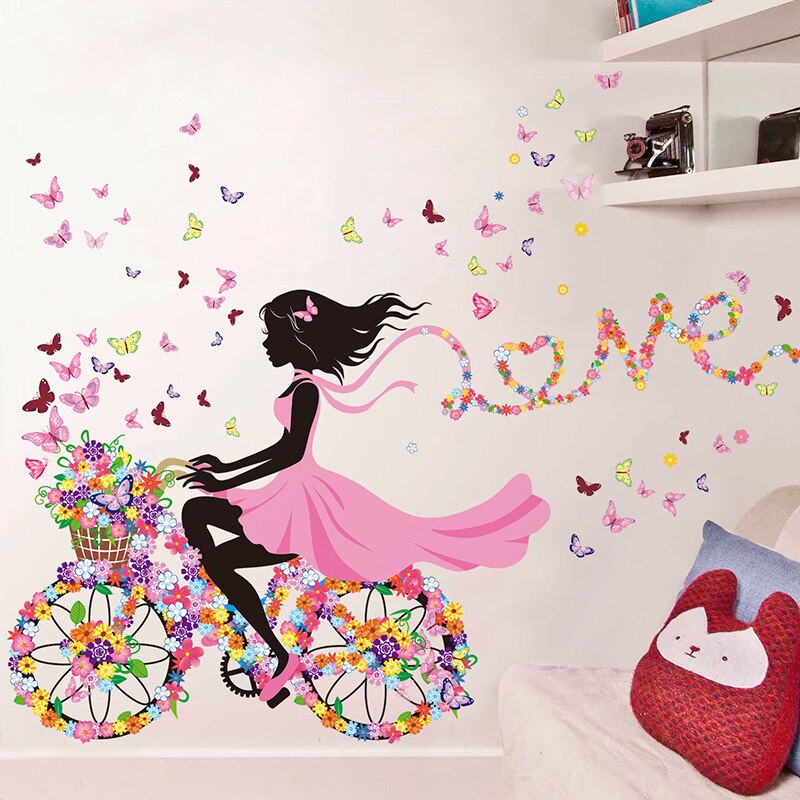 [shijuekongjian] pianomeisje muurstickers diy feeënfiets vlinders muurstickers voor kinderkamer babykamer decoratie