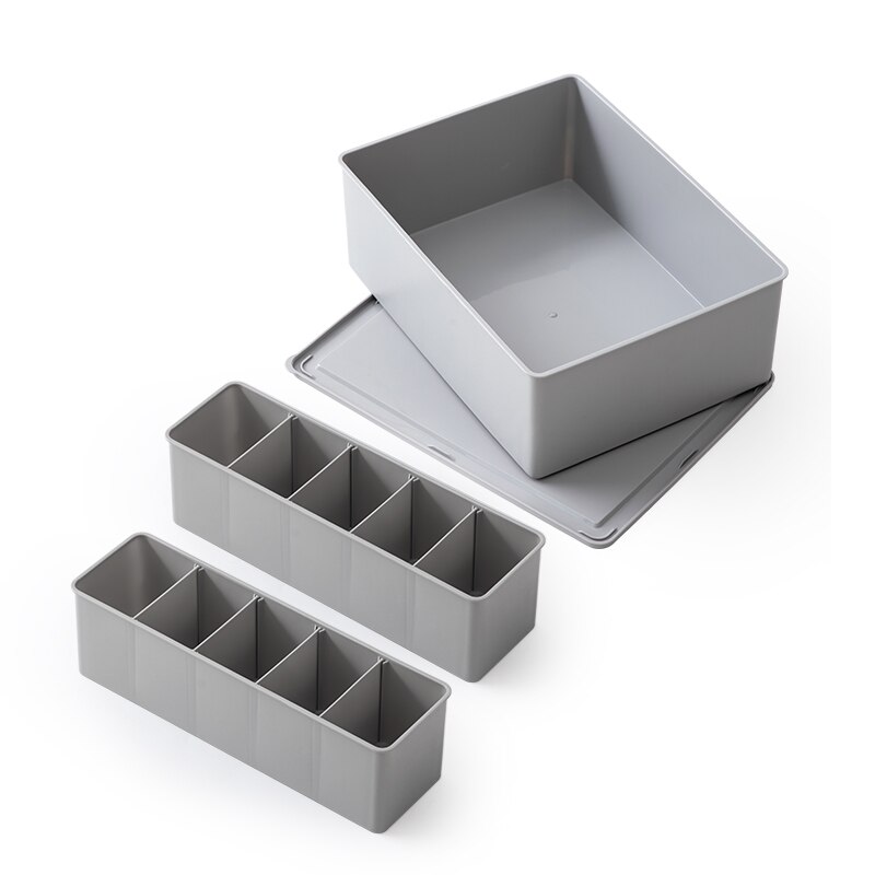 Adjustable Drawer Makeup Organizer Cabinet Organiser Plastic Dividers For Drawers Clothes Organizers Tray For Cosmetic: 5Grid And Box-Gray