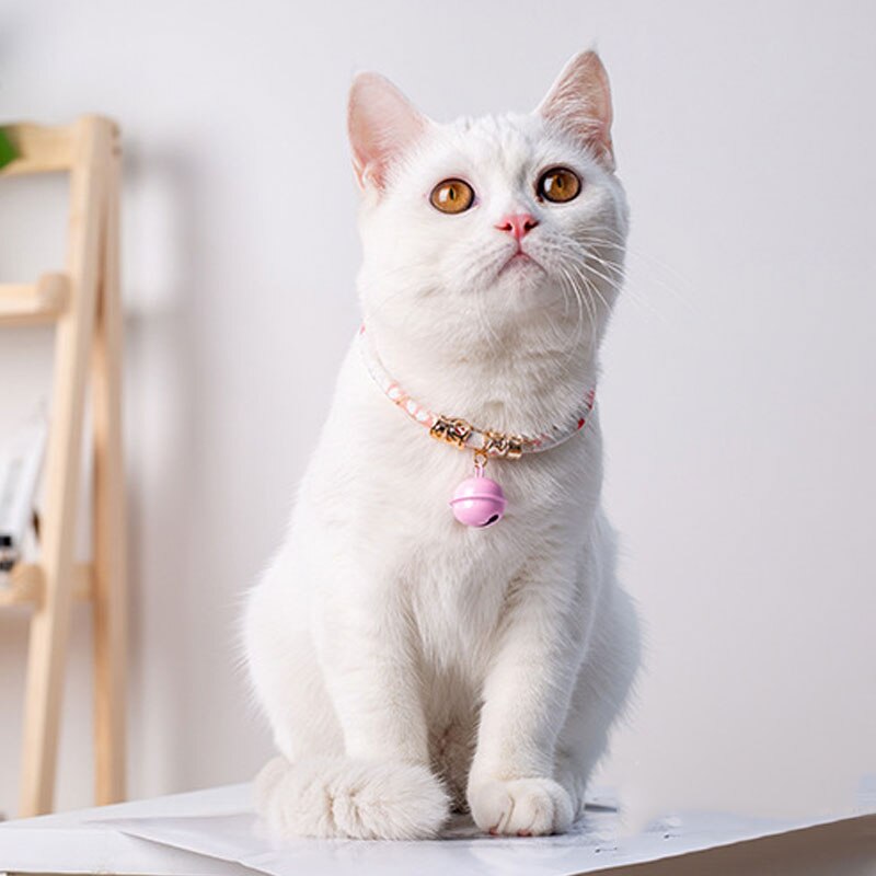 Kæledyrs kattehalsbånd med klokke charme halskæde halsbånd til katte kanin små hunde chihuahua halsbånd justerbart 29-36cm kæledyr tilbehør: En lyserød