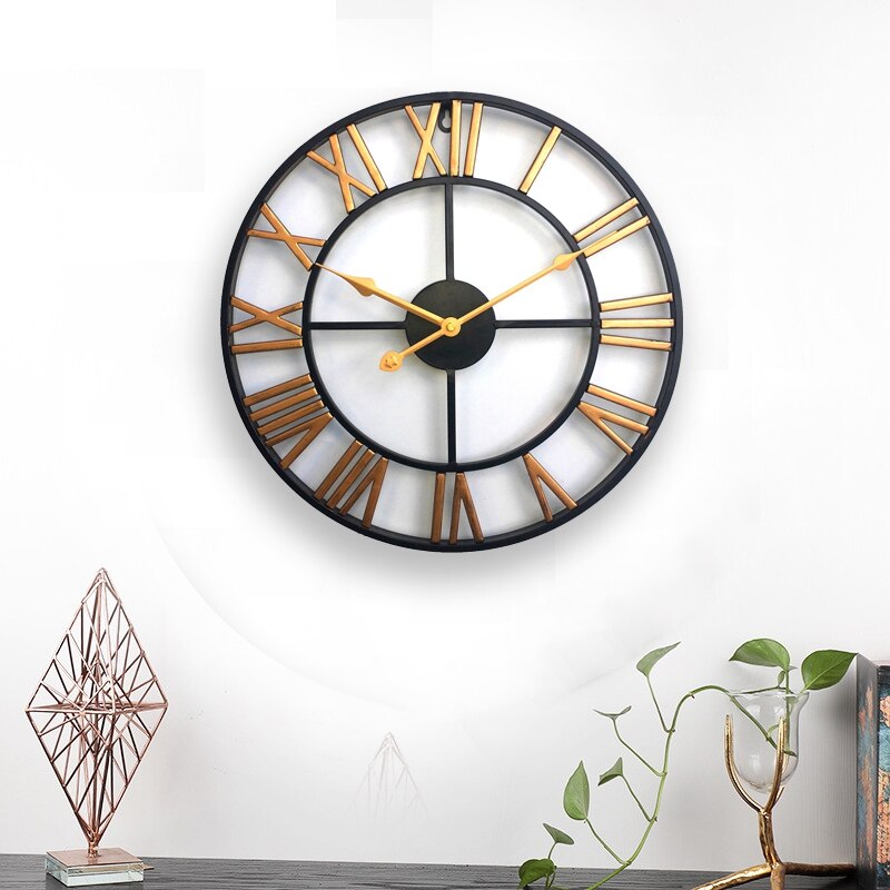 1Pcs Wanddecoratie Smeedijzeren Wekker Retro Wandklok 3D Ronde Romeinse Holle Iron Bar Rustig Decoratieve Muur klok Goud 6