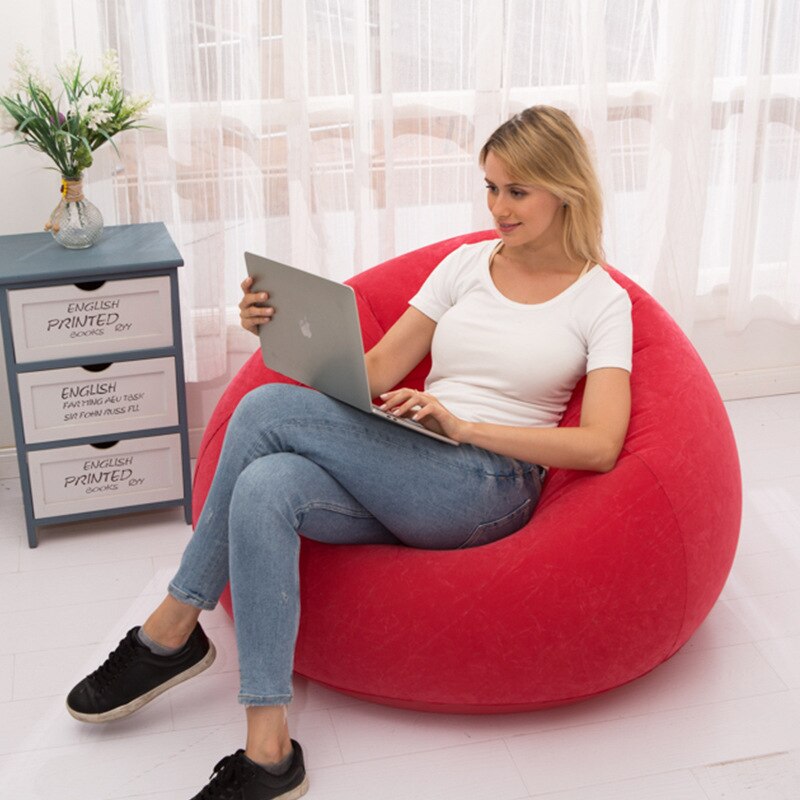 Modern ball shape flocking PVC inflatable sofa , living room bean bag chair: red