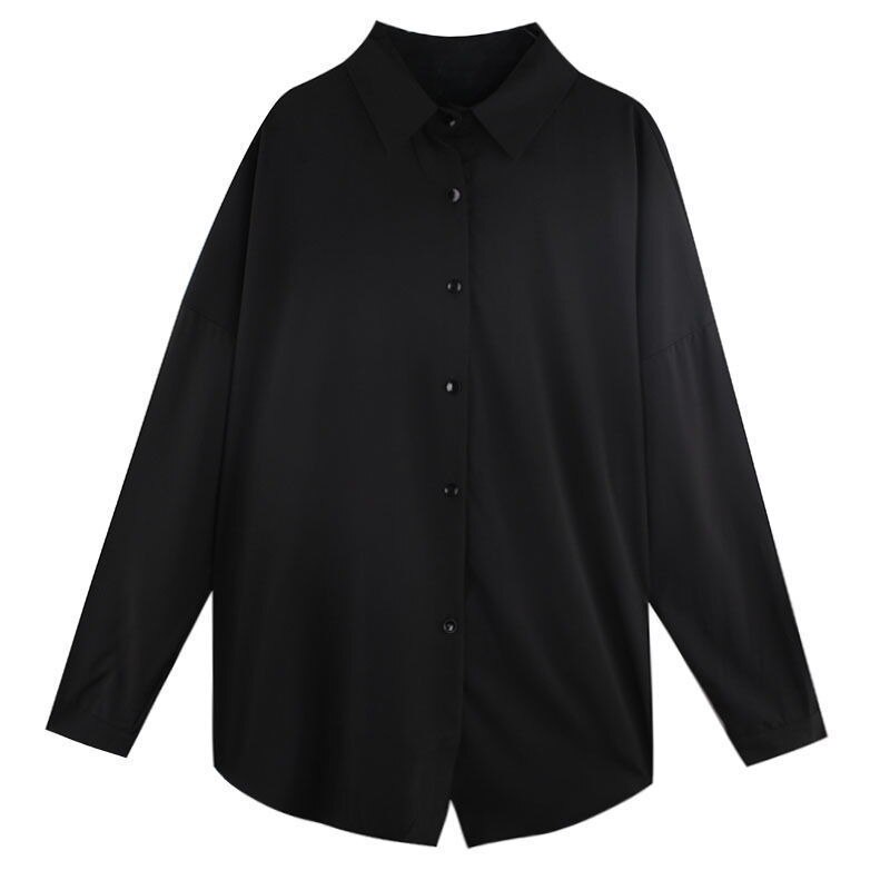 Blusas de gasa para mujer, camisas de manga larga negras BF Ulzzang, blusas holgadas combinables a la para mujer, Tops Chic informales sencillos para estudiantes