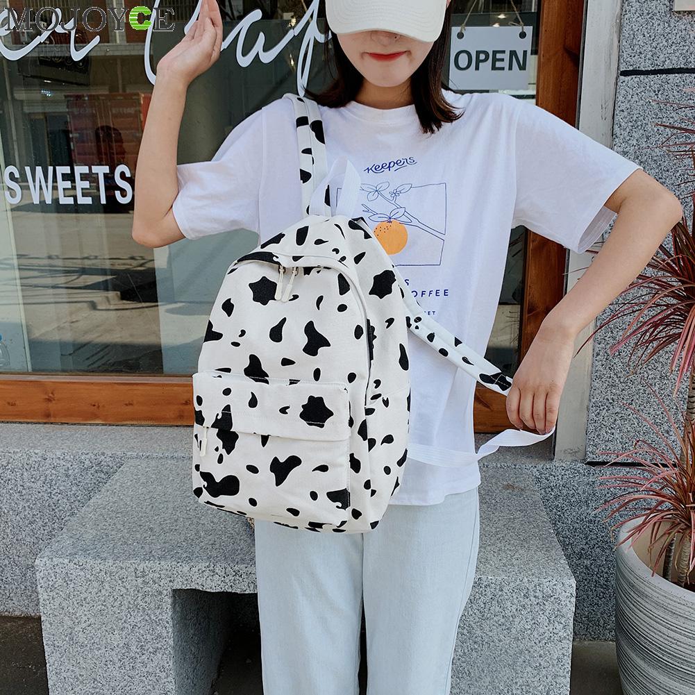 Women Canvas Backpack Cow Milk Print Students Girls Daily Shoulder School Bag Outdoor Shopping Accessaries Supplies