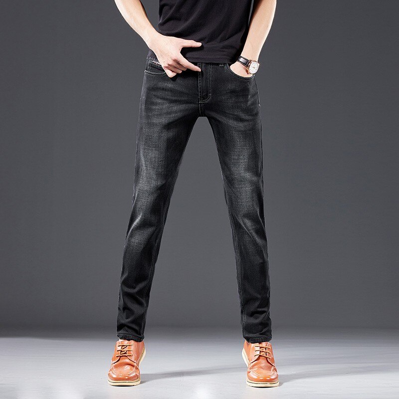 Herfst klassieke stijl zwarte stretch jeans heren business casual katoenen slim-fit denim broek heren merk broeken