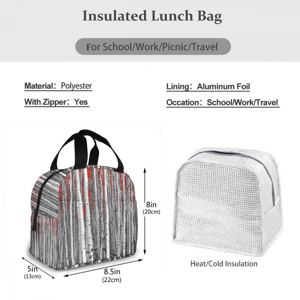 Portable Lunch Bag Grey Birch Tree With Red Leave Thermal Insulated Tote Cooler Bag Bento Pouch Lunch Container Food Storage Bag