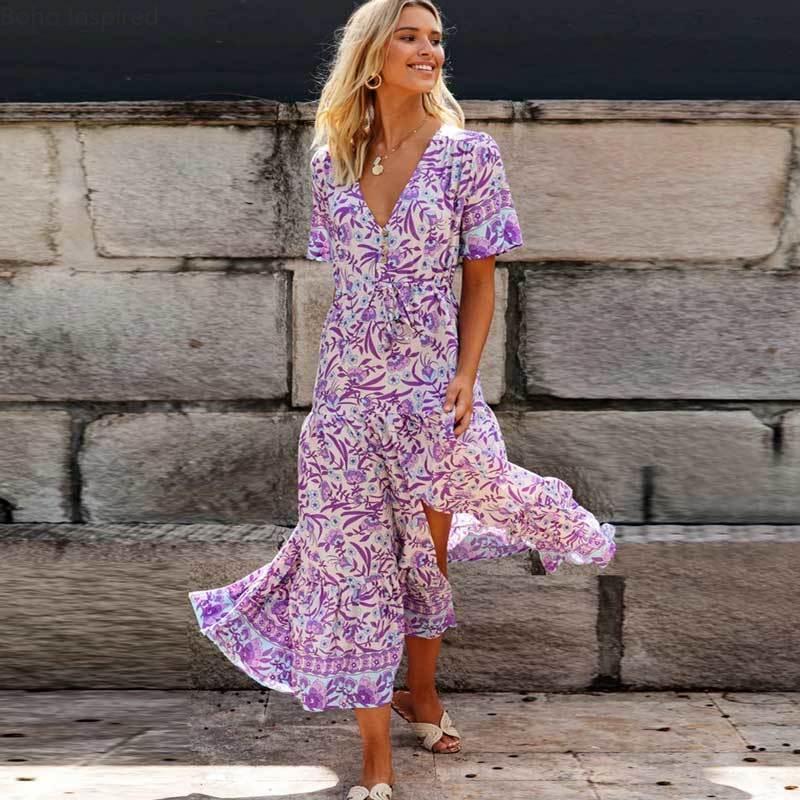 Boho inspirert lilla floral maxi kjole v-hals rayon lilla boho kjole uformell vårsommer kjole til kvinner elegant lang kjole