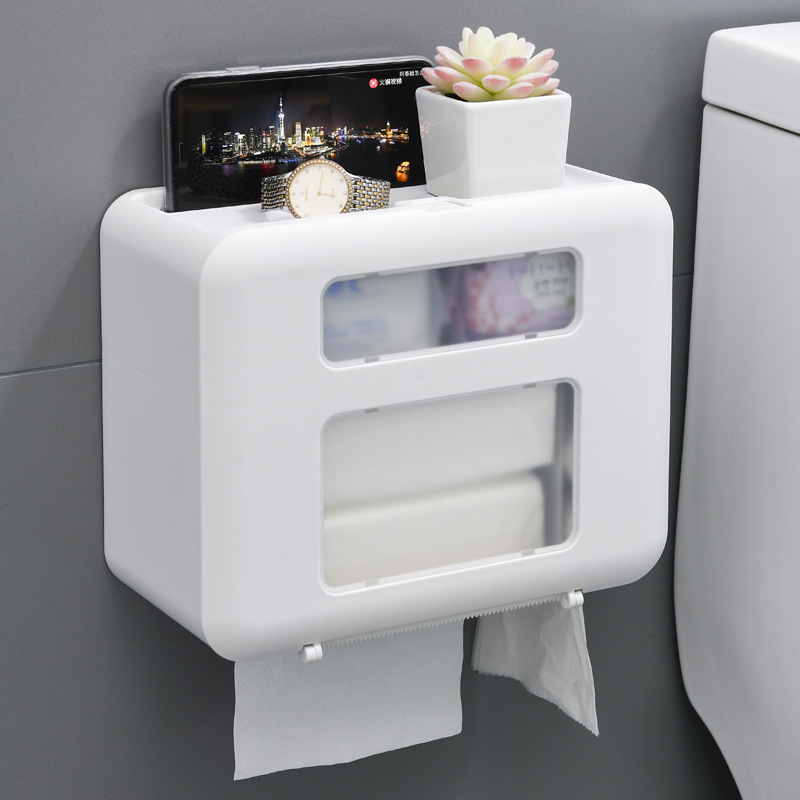 4 Color Double Layer Toilet Paper Holder Toilet Tissue Box Wall Mount Multifunction Waterproof Bathroom Storag Durable Home: White