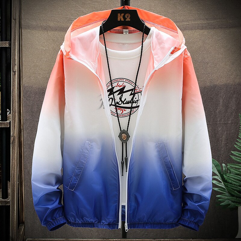 Veste d'été ultrafine pour homme, vêtement d'extérieur résistant au soleil, respirant, dégradé de couleurs, capuche, protection UV, coupe-vent,: orange / M 45-55kg