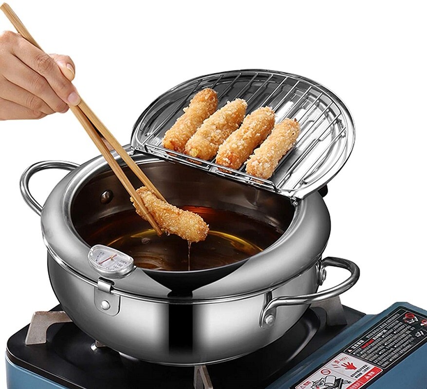 Deep Frying Pan Japanese Tempura Deep Fryer Stainless Steel Frying Pot with Lid &Thermometer Kitchen Non-stick Coating Fryer Pan