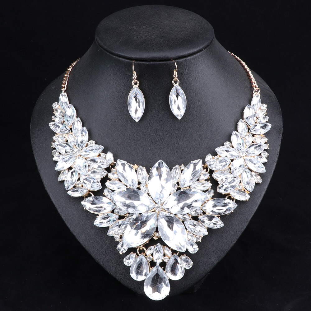Verzilverd Bridal Sieraden Set Voor Bruiden Crystal Ketting Oorbellen Wedding Party Kostuum Accessoires Decoratie Vrouwen