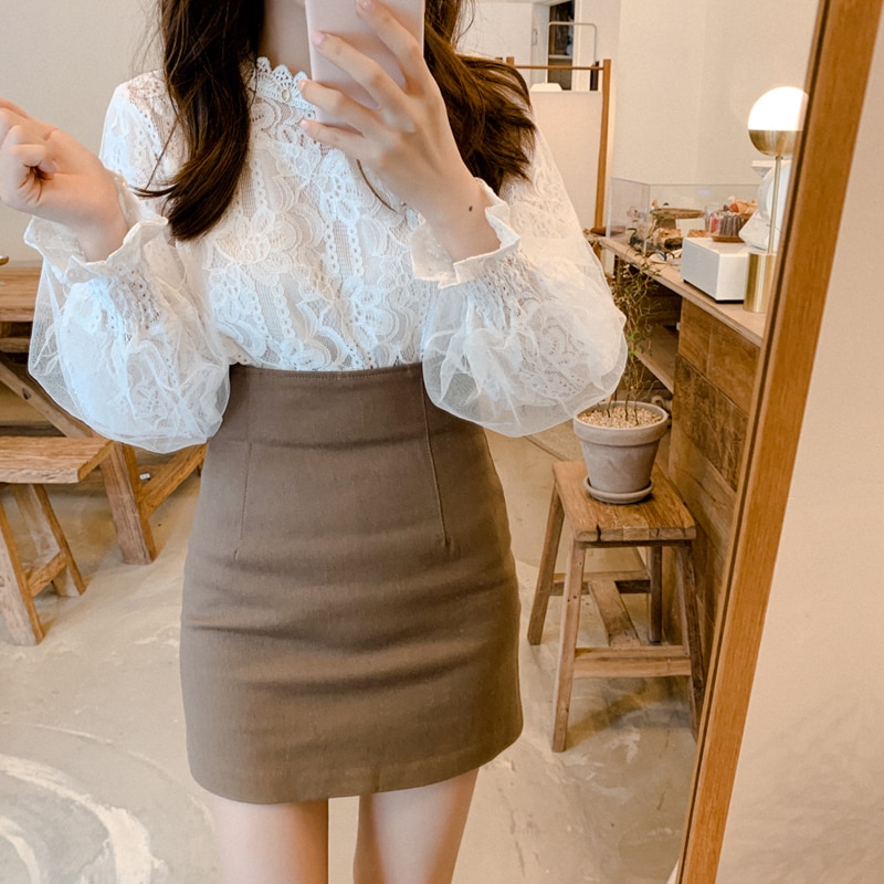 Dingaozlz dames kanten blouse korea stiksels mesh tops lantaarnmouwen wit chiffon shirt blusa