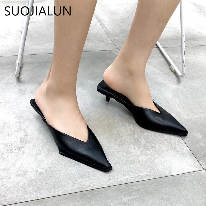 Suojialun lente dames muiltjes dunne lage hak dames pantoffels slip op puntige neus ondiepe sandaal casual slides