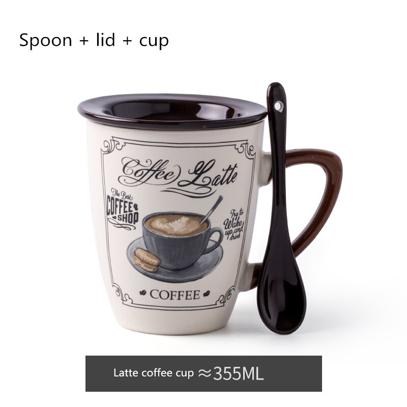 Pequeña taza de café de lujo de estilo europeo, creativa taza de agua de cerámica para hombres y mujeres, taza para el hogar, Taza de leche con tapa, cuchara: Latte coffee cup