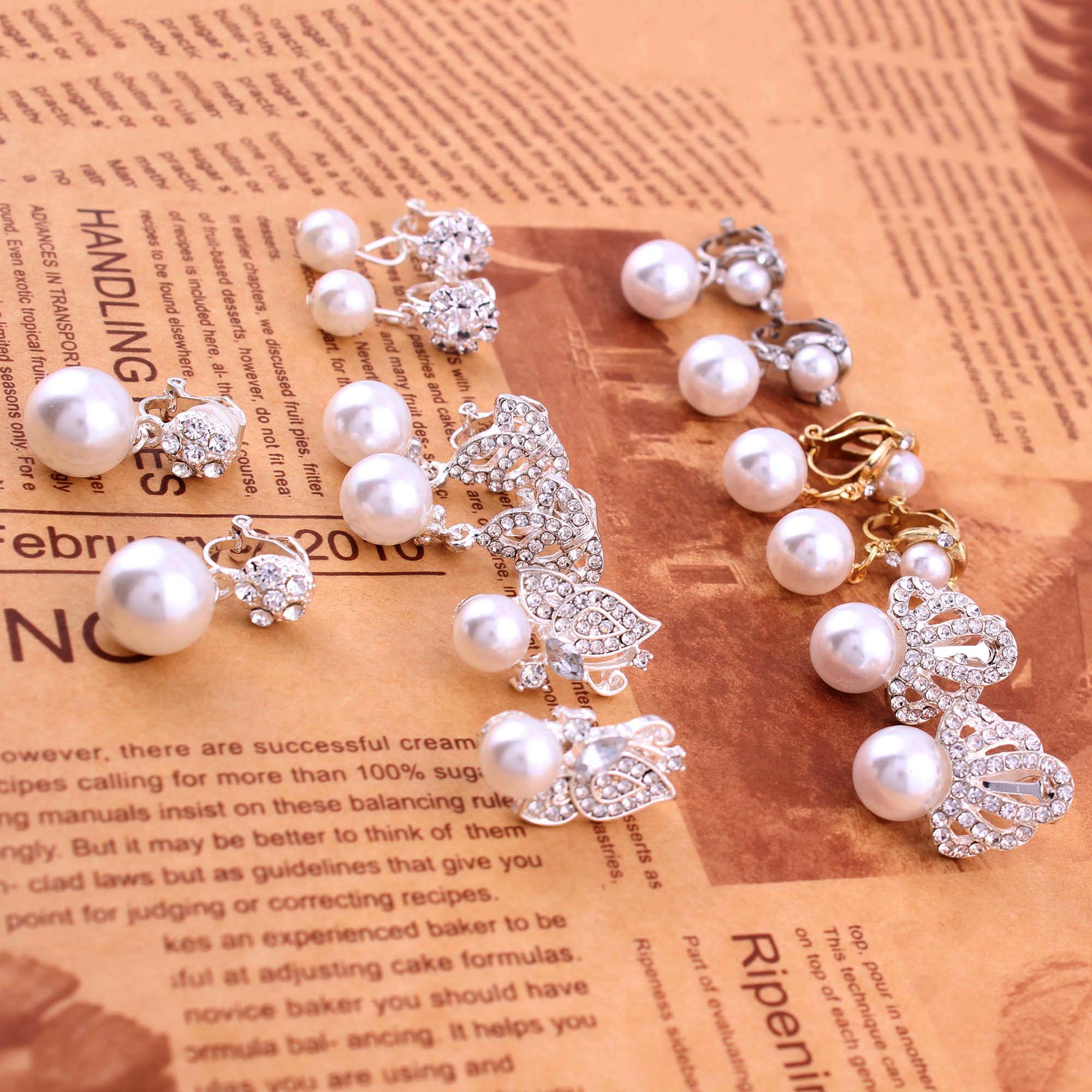 WENHQ Simulated Pearl Rhinestone Earrings Cute Clip on Earrings Non Piercing Earrings for Women No Hole Ear Clip