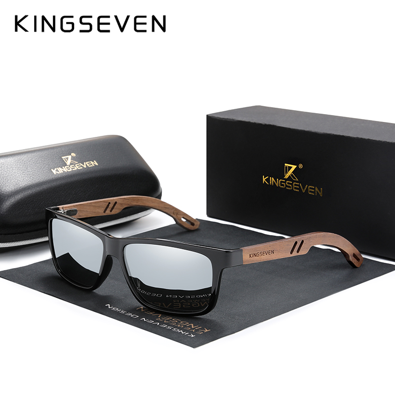 Kingseven 100%  polarisoidut vintage-puiset miesten aurinkolasit, puinen  uv400 suojakerroin, neliönmuotoiset aurinkolasit naisille, gafas de sol: Hopea