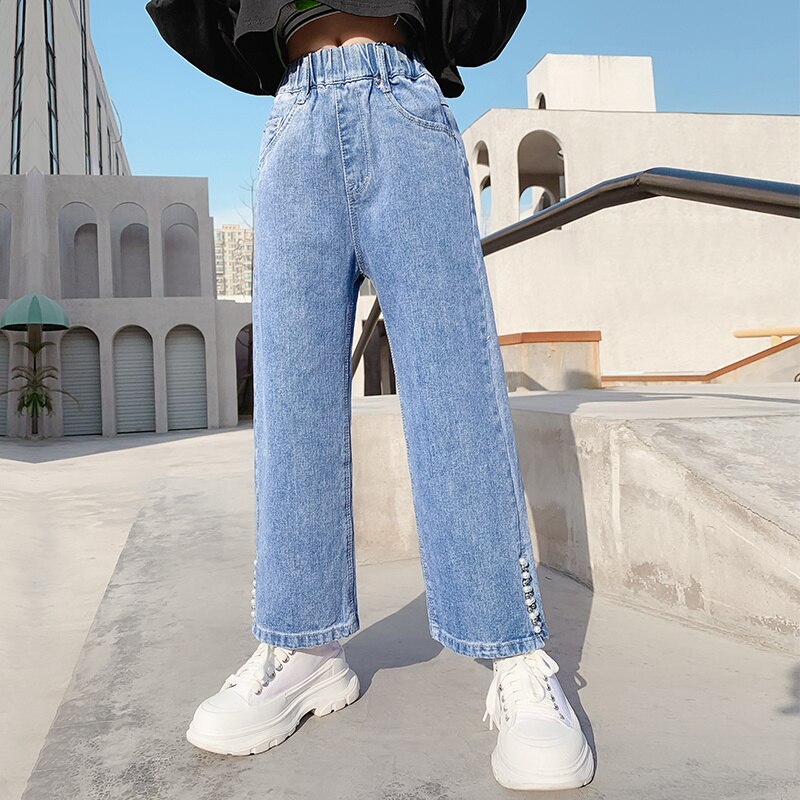 Girls Jeans Wide Leg pants Straight Side Slit pearl Jeans Loose Denim Ankle Trousers Children Girls Clothes