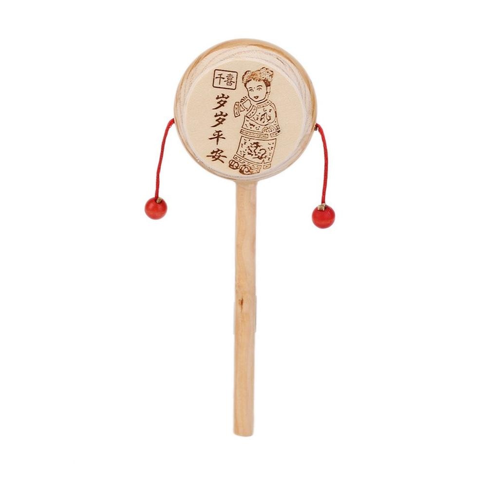 Chinese Klassieke Speelgoed Houten Trommel Rammelaar Hand Schudden Speelgoed Voor Kids Musical Vocal Percussie Speelgoed Traditionele Rammelaar Pasgeboren