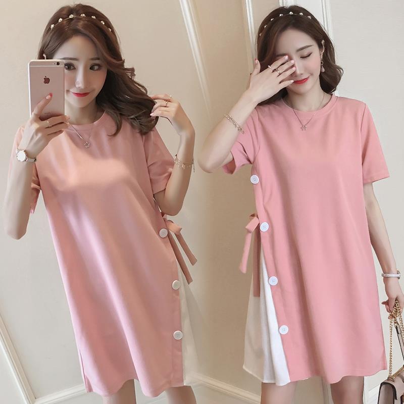 Button Summer Dress for Pregnant Women Maternity Bandage Dresses Women A Word Maxi Comfy Pregnancy Dress for Photo Shoot: pink / S