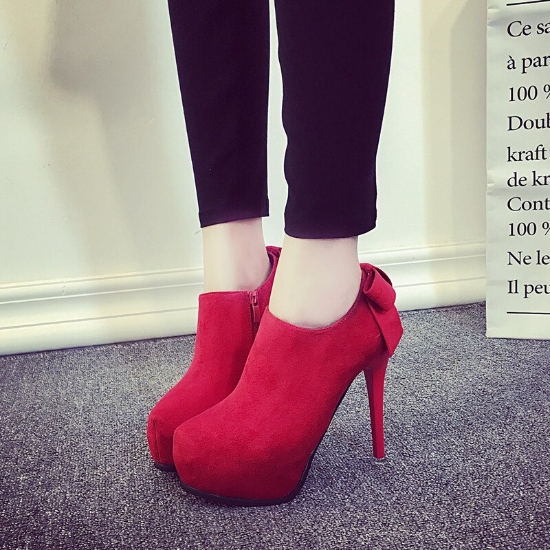 Winter Neue Stilett Fersen Stiefeletten für Frauen Flach Runde Kappe Mikrofaser sexy Hochzeit Schuhe rot Schuhe Frau Okzident: rot / 34