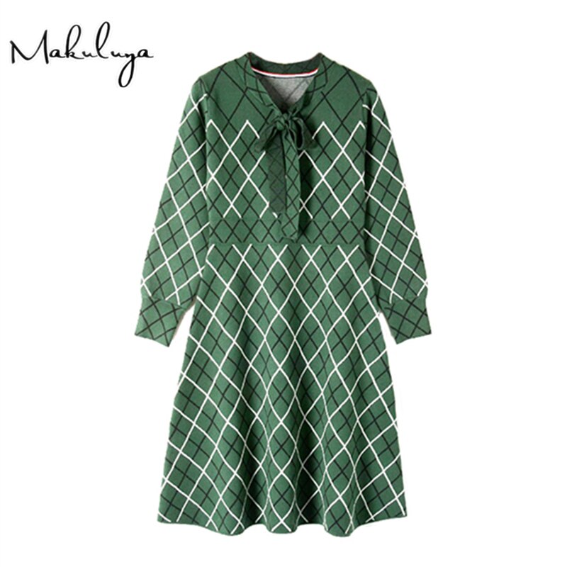 Makuluya Women Green Plaid Lattices Bow Knitted Dresses Female Long-sleeved Spring Autumn Winter Top QW