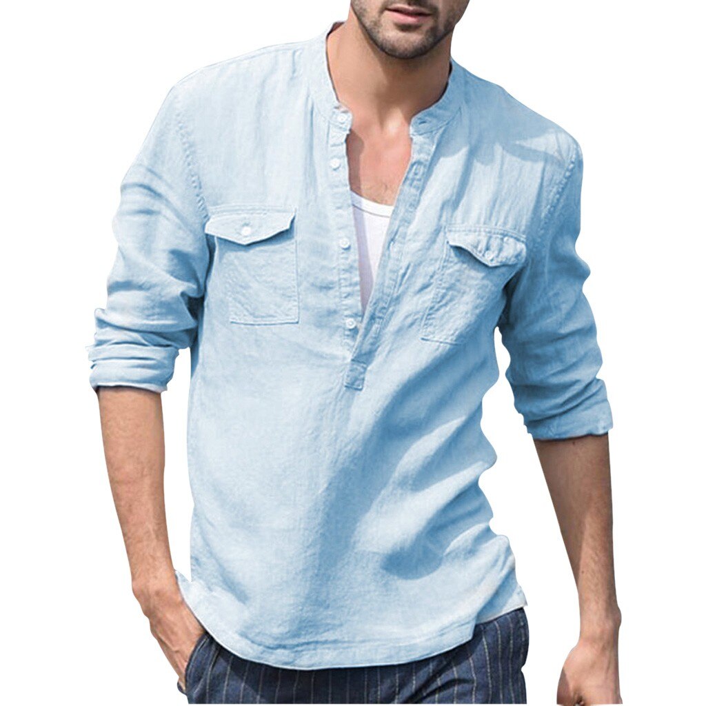 FREE OSTRICH Casual Shirt Men's Loose Cotton Linen Pocket Solid Color Long Sleeve Shirt Casual Comfortable Men's Shirts