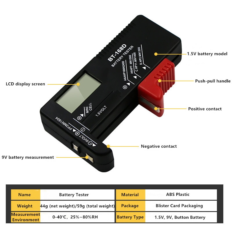 Digital Battery Tester Voltmeter AA/AAA/C/D/9V/1.5V Batteries Button Battery Volt Tester LCD Display Battery Diagnostic Tool