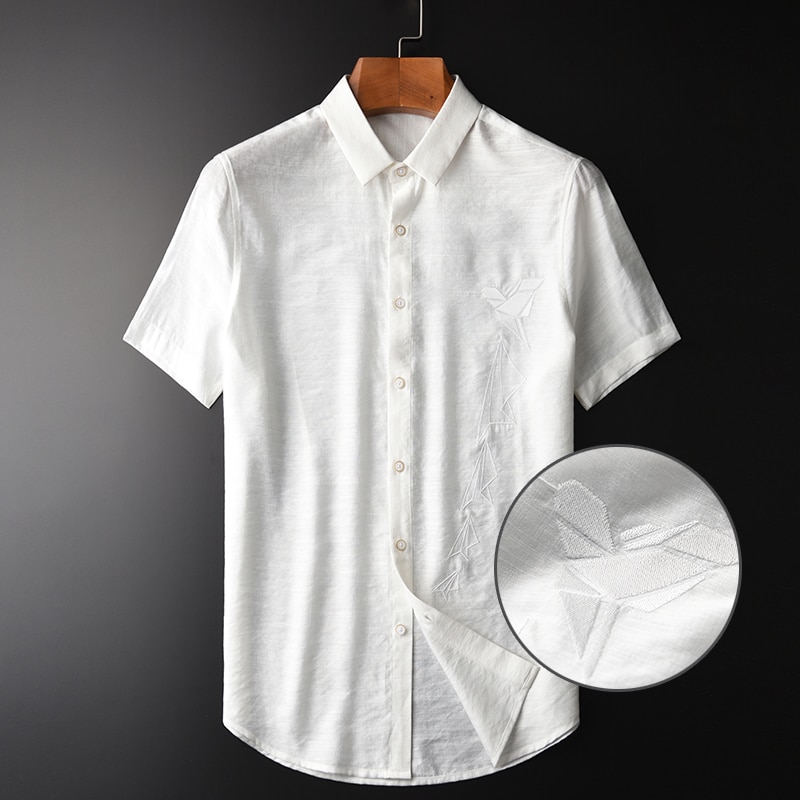 Minglu Wit Heren Shirts Luxe Borduren Korte Mouw Heren Shirts Plus Size 4xl Zomer Business En Casual Plain Man Shirts