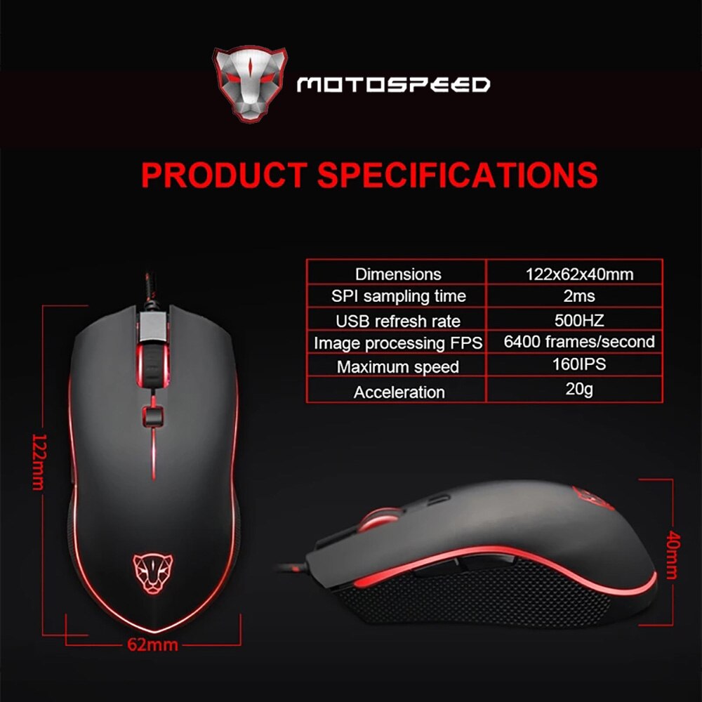 Motospeed V40 Gaming Mouse 4000DPI 6 Buttons USB Wired Optical LED Breathe Backlit Programmable Gamer Mice For Mini PC Laptop