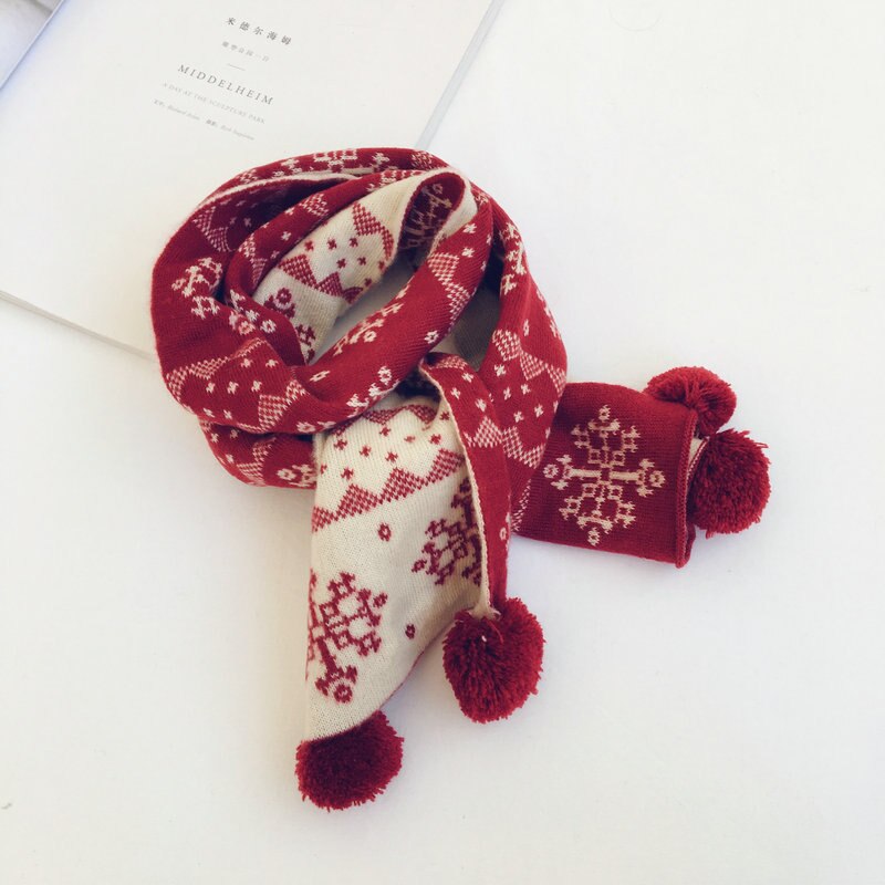 Basis gebreide sjaal gebreide colsjaal kleurrijke geruite sjaal speciaal voor kerstmis sneeuwvlokken sjaal scandinavische stijl kinderbreigoed: Roodbeige
